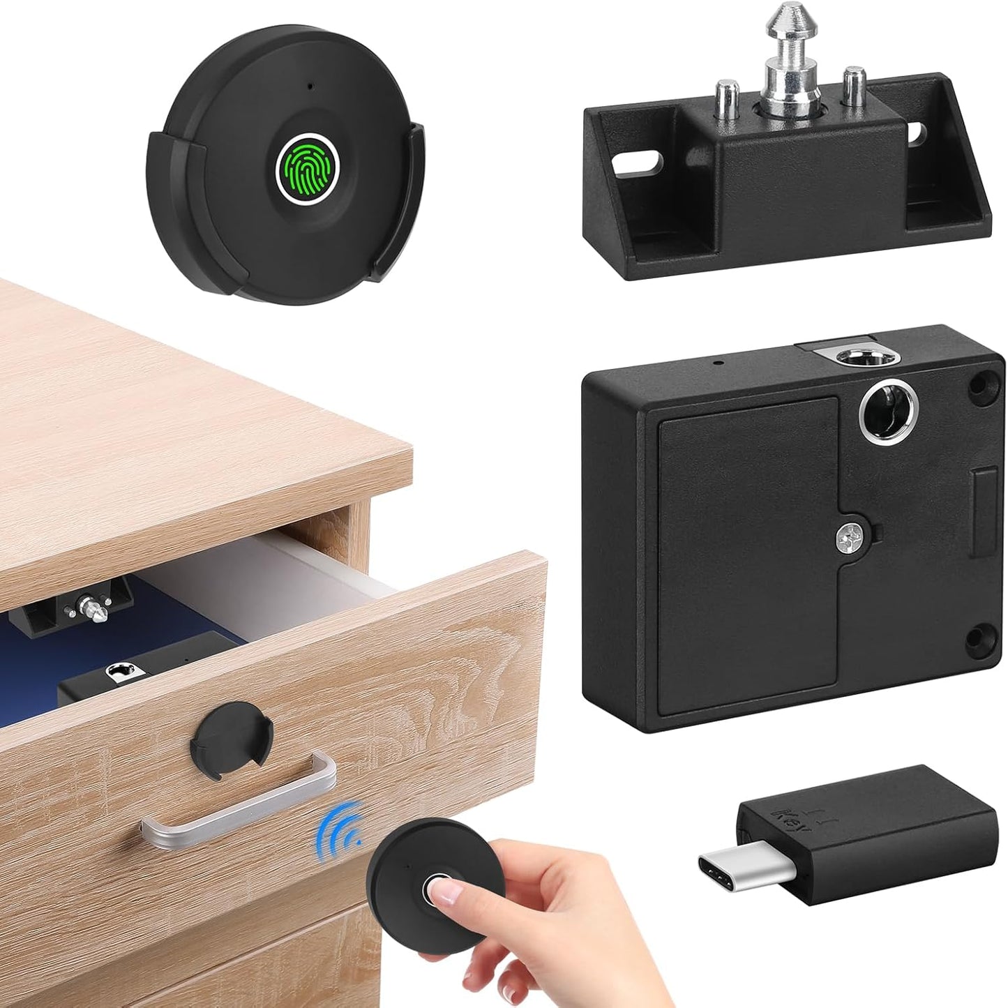 Keyless Fingerprint Remote Control Cabinet Lock with 10m Unlock Range for Home & Office - Hole-Less Installation for Hidden Security in Wardrobes & File Drawers