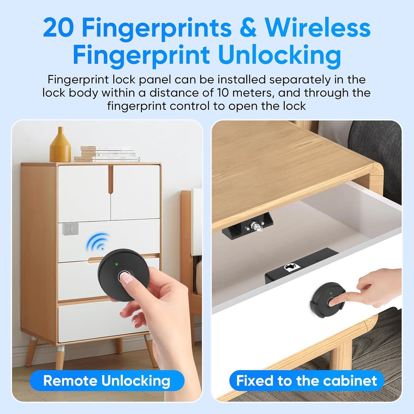 Keyless Fingerprint Remote Control Cabinet Lock with 10m Unlock Range for Home & Office - Hole-Less Installation for Hidden Security in Wardrobes & File Drawers