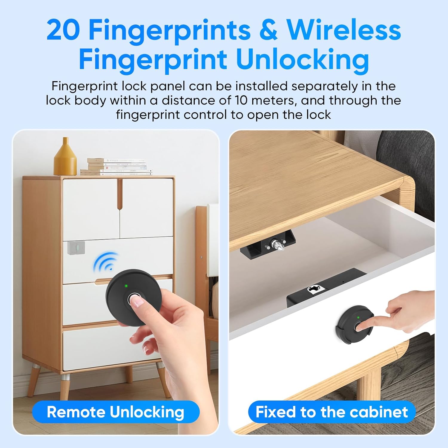 Keyless Fingerprint Remote Control Cabinet Lock with 10m Unlock Range for Home & Office - Hole-Less Installation for Hidden Security in Wardrobes & File Drawers