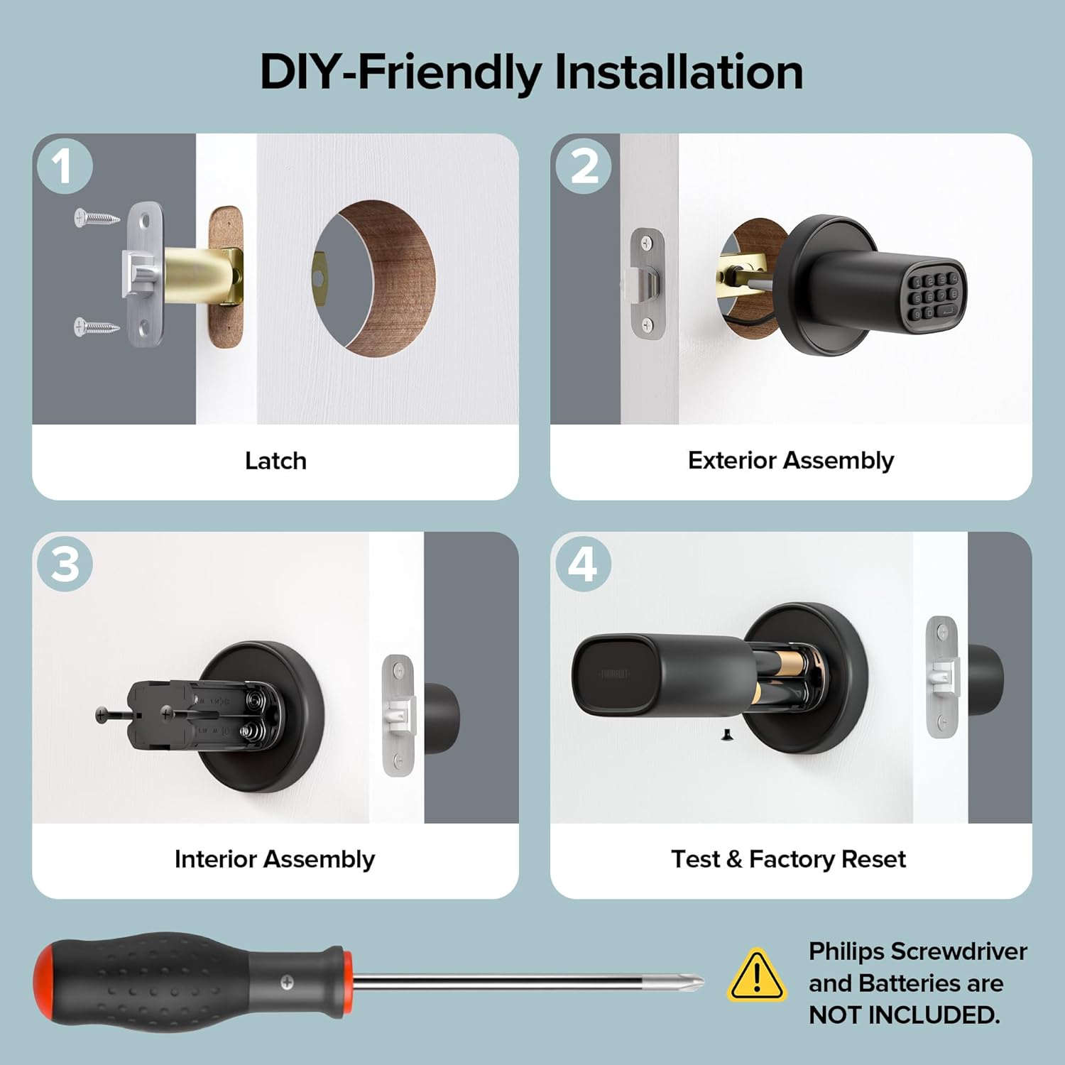 Keypad Keyless Entry Door Lock Knob for Interior Doors - Electric Coded Indoor Knob for Home, Bedroom, Office, Garage - ThorBolt M1 Black, Fits Doors up to 2-1/4" Thick - Battery Operated - WildKart