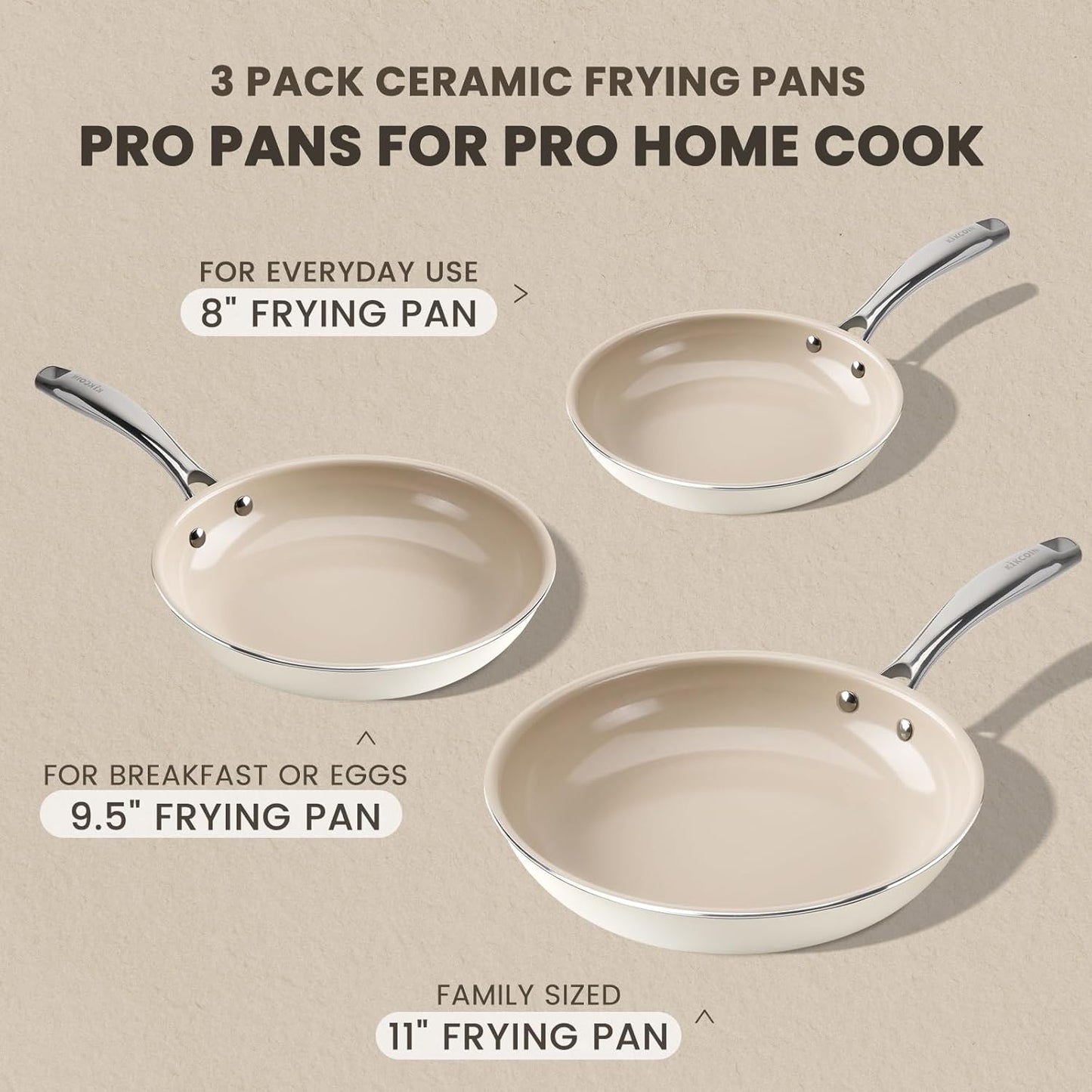Kikcoin Ceramic Frying Pans Set - 8", 9.5", 11" Skillets with Stay Cool Handle, Non-Toxic, Dishwasher/Oven Safe - PFAS & PTFE & PFOA Free