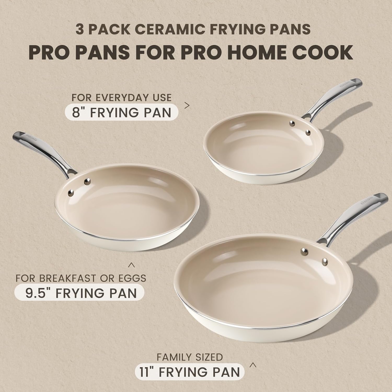 Kikcoin Ceramic Frying Pans Set - 8", 9.5", 11" Skillets with Stay Cool Handle, Non-Toxic, Dishwasher/Oven Safe - PFAS & PTFE & PFOA Free