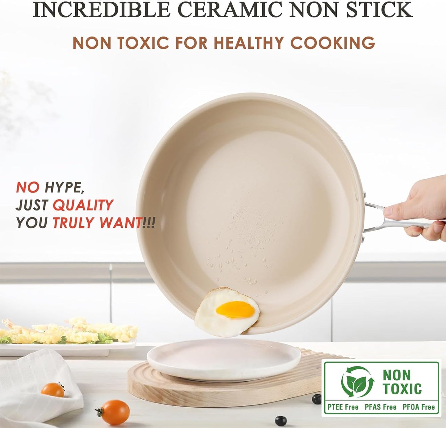 Kikcoin Ceramic Frying Pans Set - 8", 9.5", 11" Skillets with Stay Cool Handle, Non-Toxic, Dishwasher/Oven Safe - PFAS & PTFE & PFOA Free