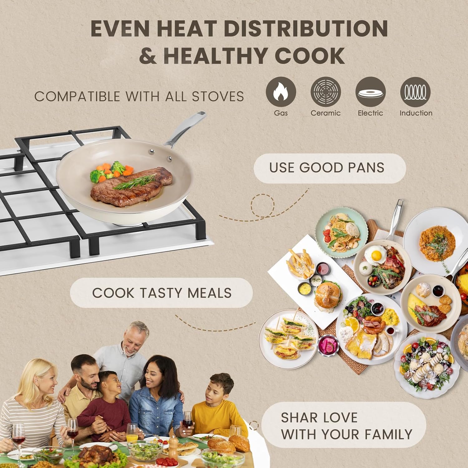 Kikcoin Ceramic Frying Pans Set - 8", 9.5", 11" Skillets with Stay Cool Handle, Non-Toxic, Dishwasher/Oven Safe - PFAS & PTFE & PFOA Free