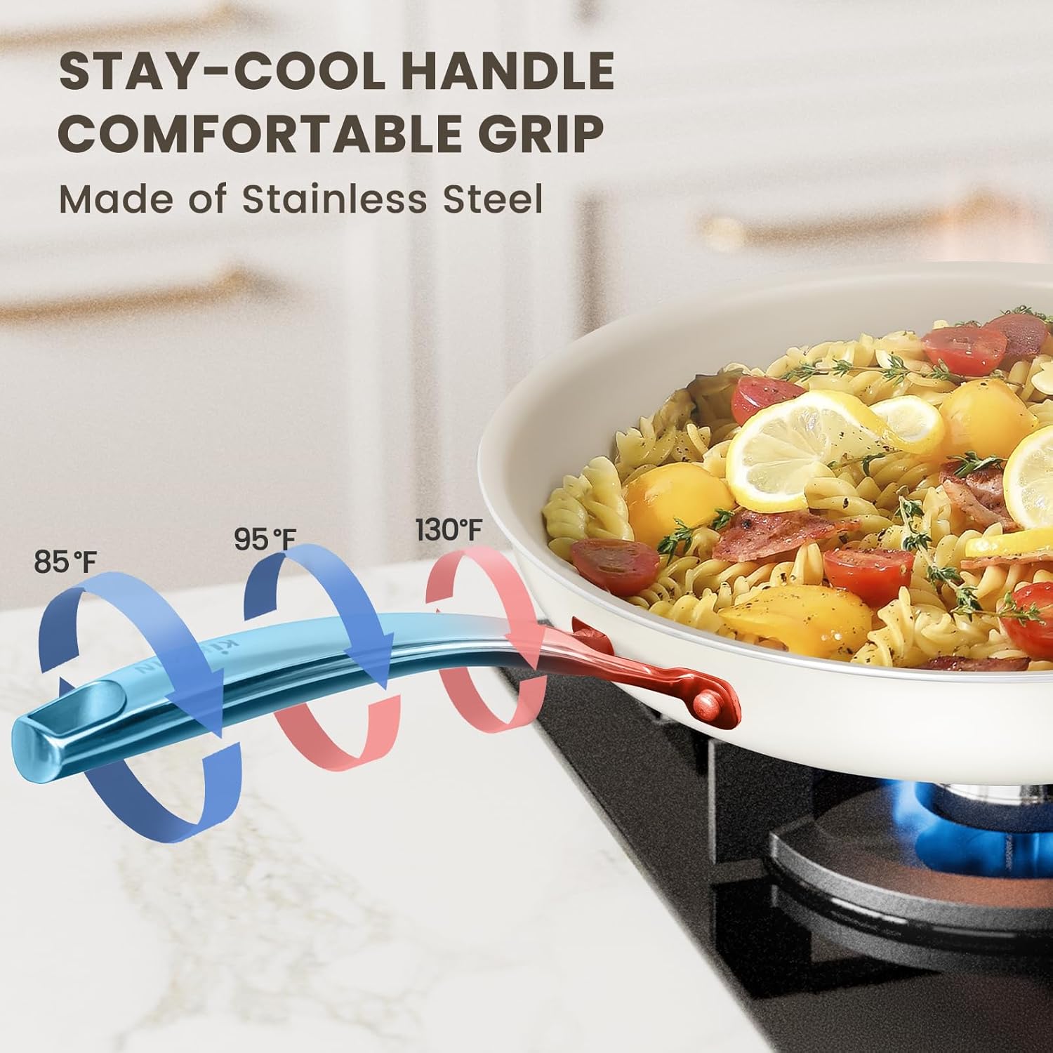 Kikcoin Ceramic Frying Pans Set - 8", 9.5", 11" Skillets with Stay Cool Handle, Non-Toxic, Dishwasher/Oven Safe - PFAS & PTFE & PFOA Free