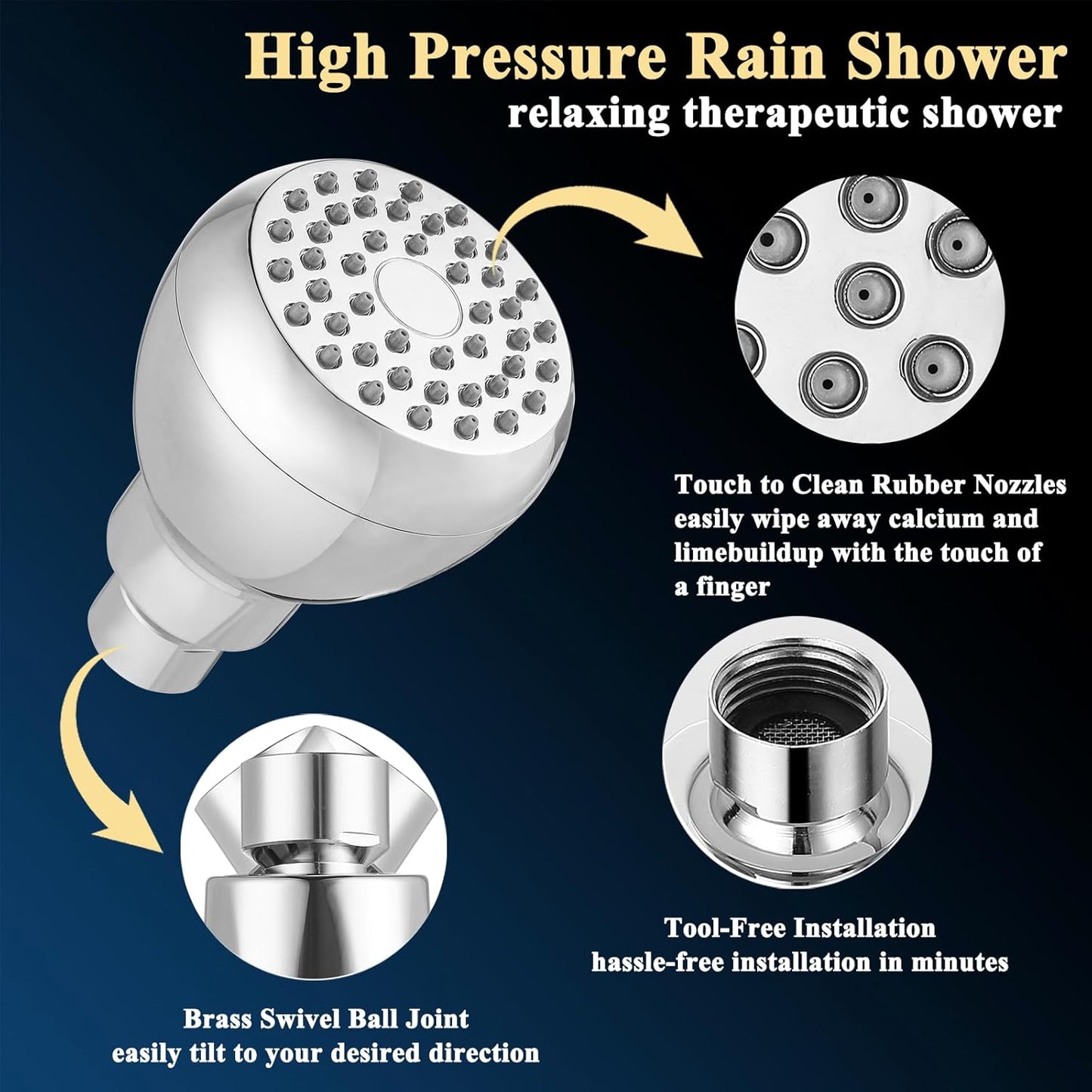 Kinbrace 3’’ Anti-Clog High Pressure Shower Head with Adjustable Swivel Brass Ball Joint - Wall Mount Fixed Showerhead for Relaxing Shower Experience, Chrome