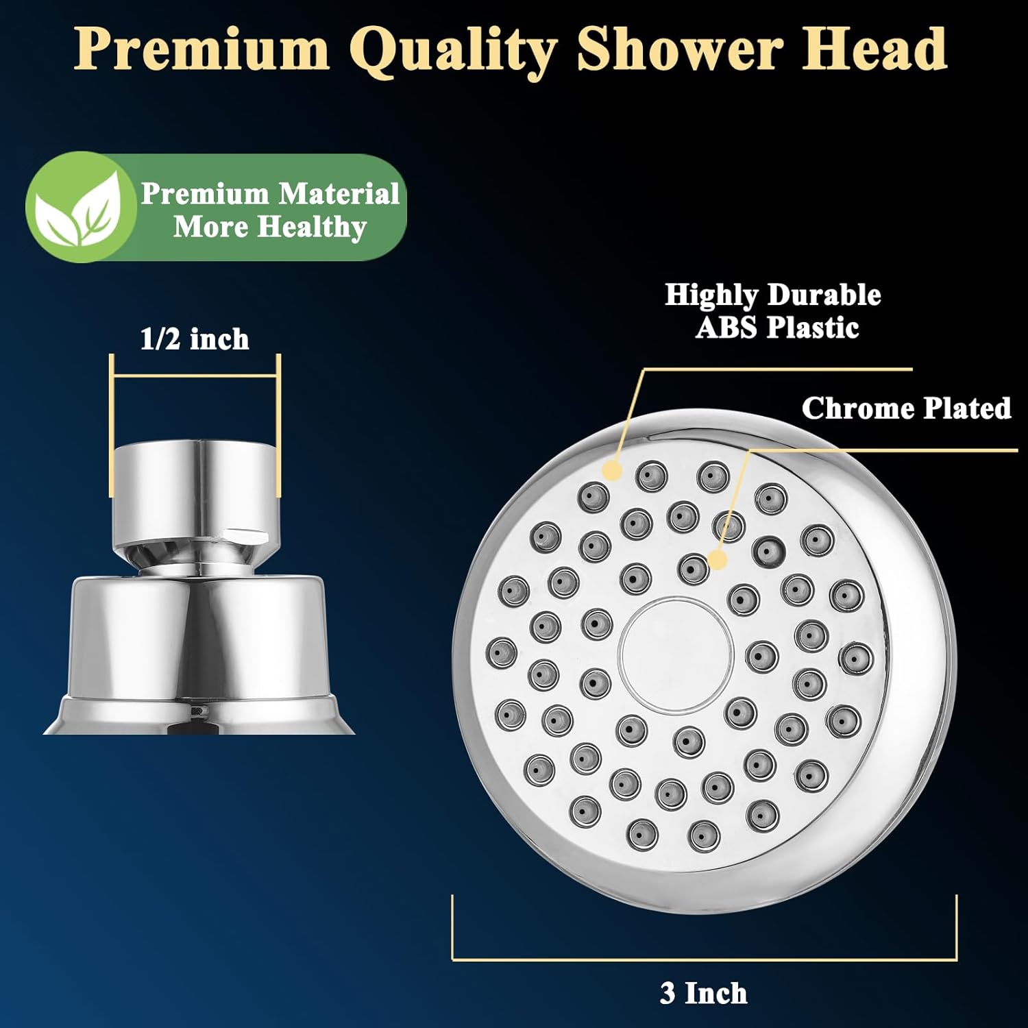 Kinbrace 3’’ Anti-Clog High Pressure Shower Head with Adjustable Swivel Brass Ball Joint - Wall Mount Fixed Showerhead for Relaxing Shower Experience, Chrome