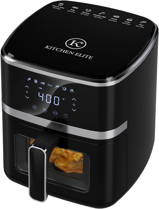 Kitchen Elite Air Fryer Oven 5.28 Qt, 7-in-1 Digital Compact Cooker with Easy View Windows, Nonstick Basket - Black