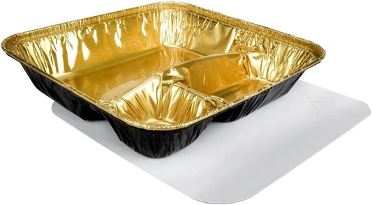KitchenDance Aluminum Black & Gold Extra Large 3 Compartment Tray with Lid - 42oz, 10 Pack - Baking, Freezing, Serving - 2345-B&G