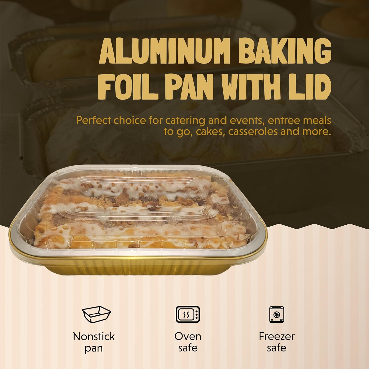 KitchenDance Aluminum Colored Baking Entree Pan Set with Lid - 8 x 5 Inches, Nonstick Foil, Heavy Rectangular Cake Pans for Cakes and Casseroles (25 Pack, Gold)