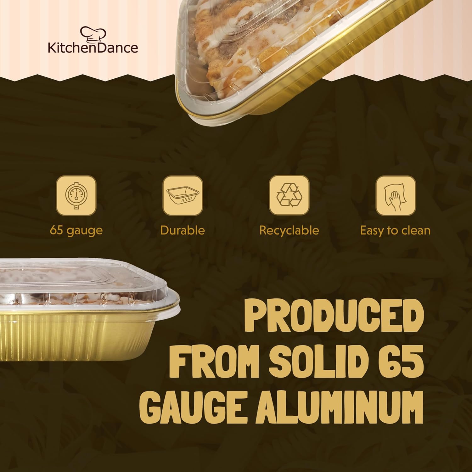 KitchenDance Aluminum Colored Baking Entree Pan Set with Lid - 8 x 5 Inches, Nonstick Foil, Heavy Rectangular Cake Pans for Cakes and Casseroles (25 Pack, Gold)