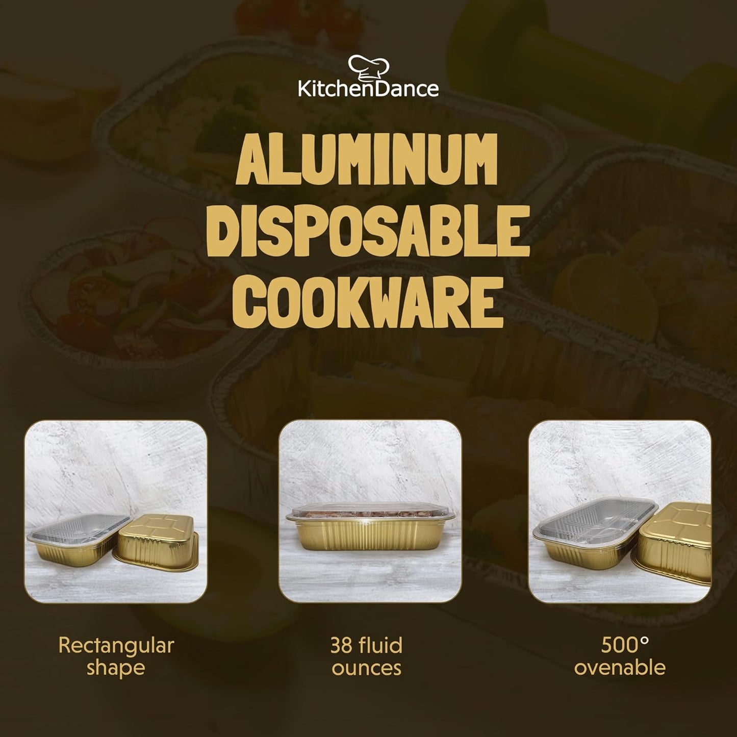 KitchenDance Aluminum Colored Baking Entree Pan Set with Lid - 8 x 5 Inches, Nonstick Foil, Heavy Rectangular Cake Pans for Cakes and Casseroles (25 Pack, Gold)