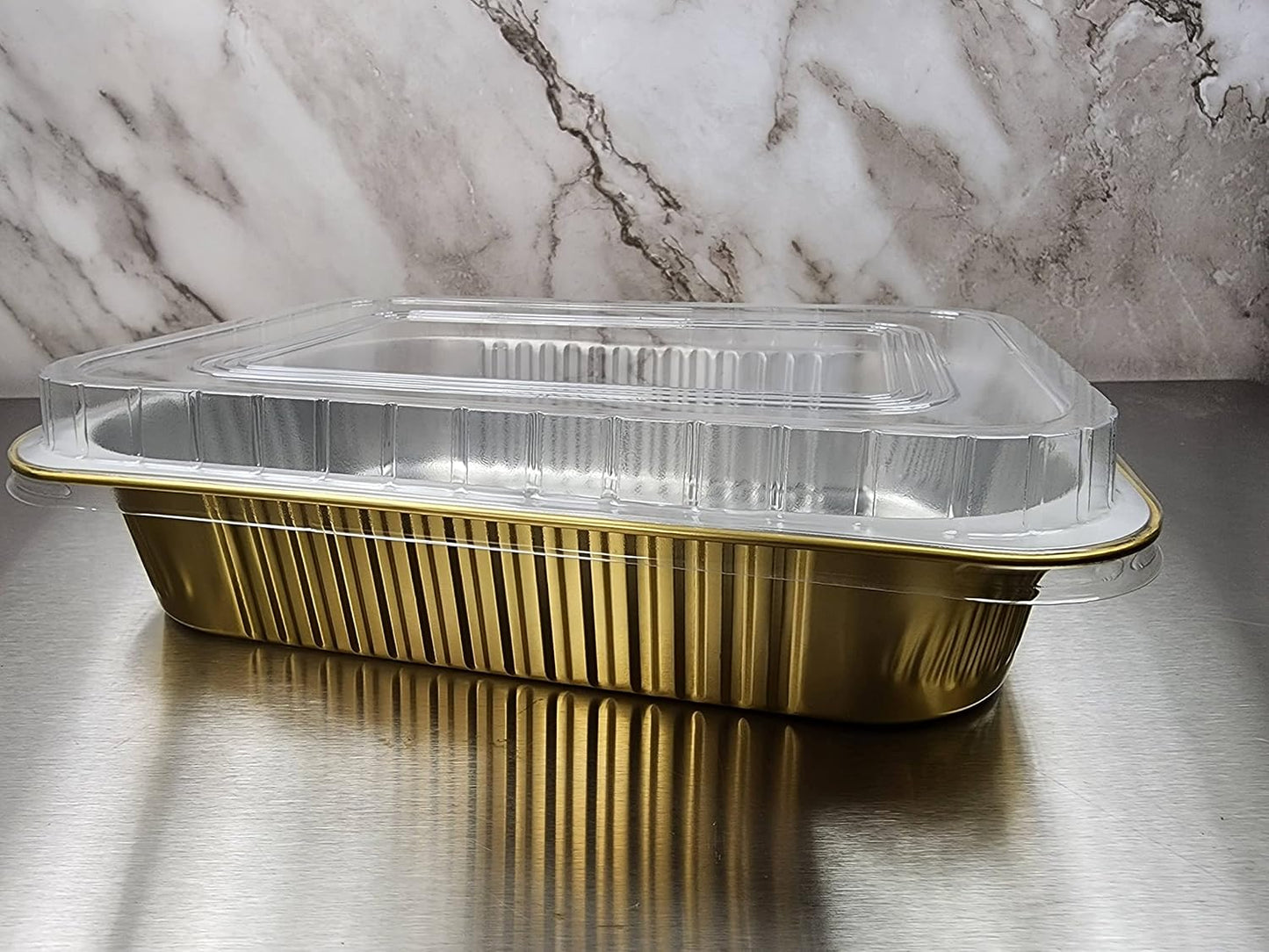 KitchenDance Aluminum Colored Baking Entree Pan Set with Lid - 8 x 5 Inches, Nonstick Foil, Heavy Rectangular Cake Pans for Cakes and Casseroles (25 Pack, Gold)