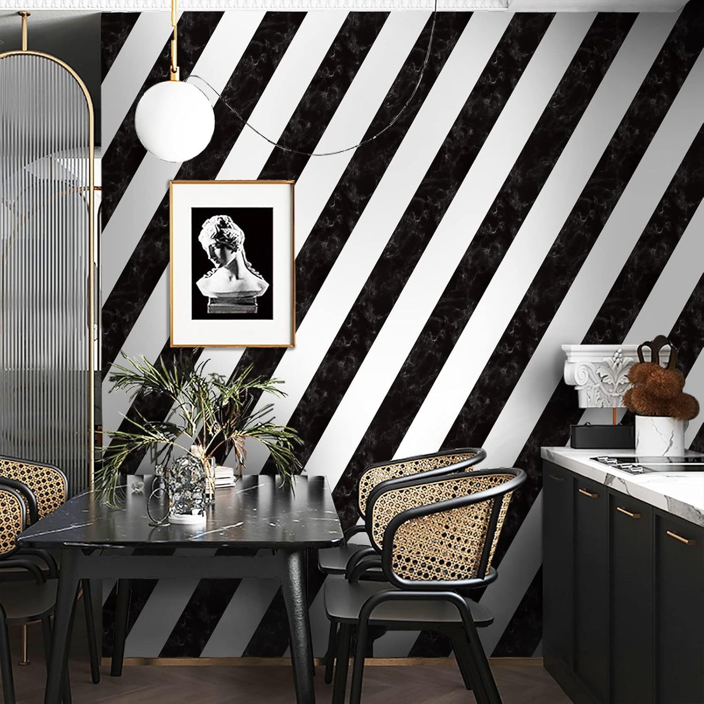 Kitico 16.1" x 197" Marble Black & White Peel and Stick Wallpaper - Waterproof Stripe Contact Paper - Removable Self Adhesive Decorative Wall Covering