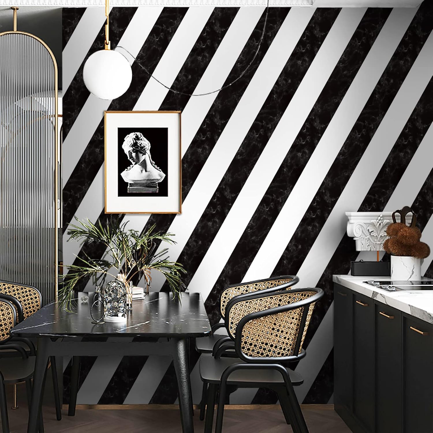 Kitico 16.1" x 197" Marble Black & White Peel and Stick Wallpaper - Waterproof Stripe Contact Paper - Removable Self Adhesive Decorative Wall Covering