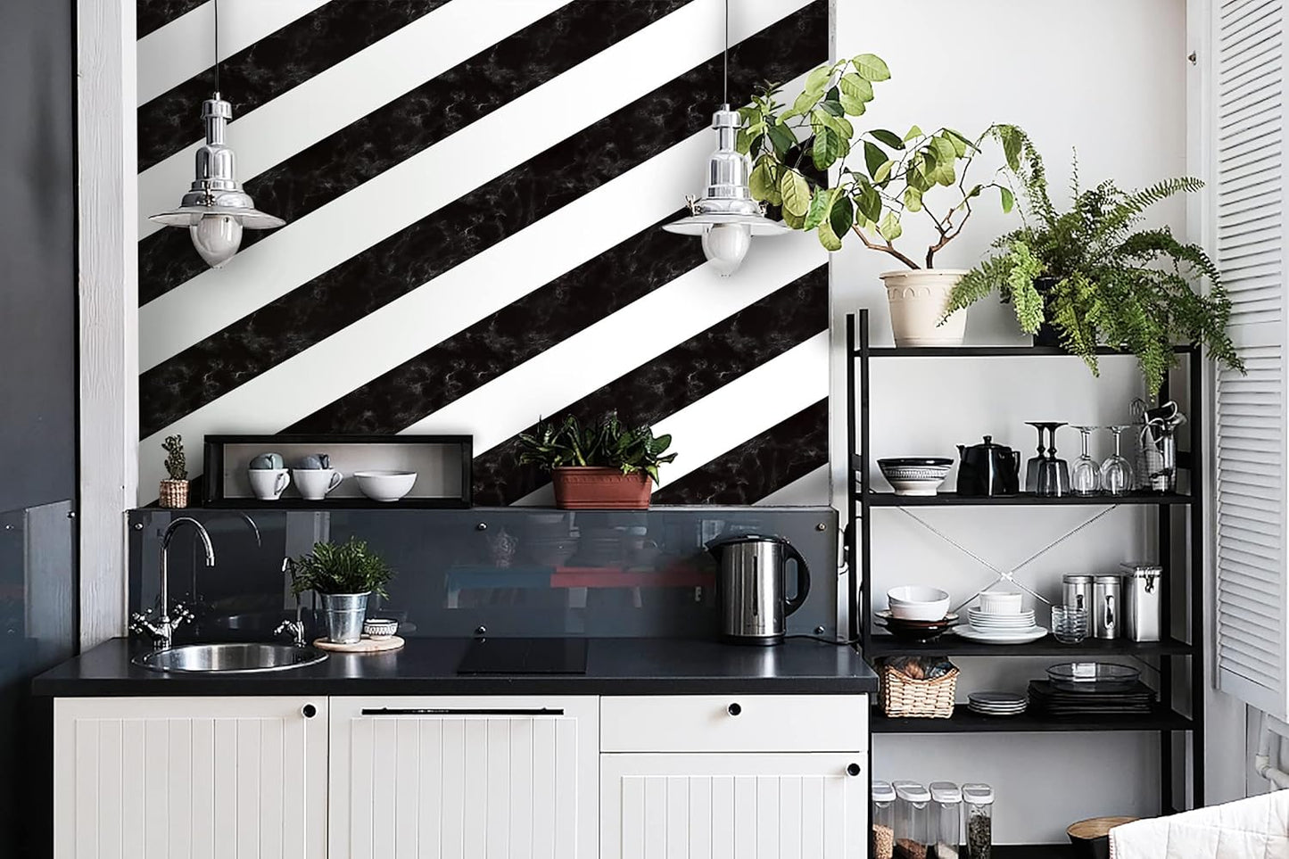 Kitico 16.1" x 197" Marble Black & White Peel and Stick Wallpaper - Waterproof Stripe Contact Paper - Removable Self Adhesive Decorative Wall Covering