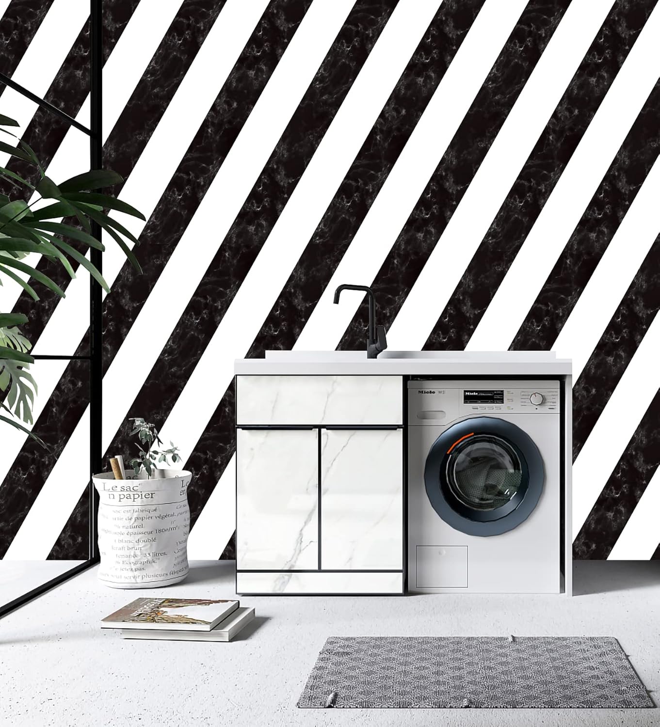 Kitico 16.1" x 197" Marble Black & White Peel and Stick Wallpaper - Waterproof Stripe Contact Paper - Removable Self Adhesive Decorative Wall Covering