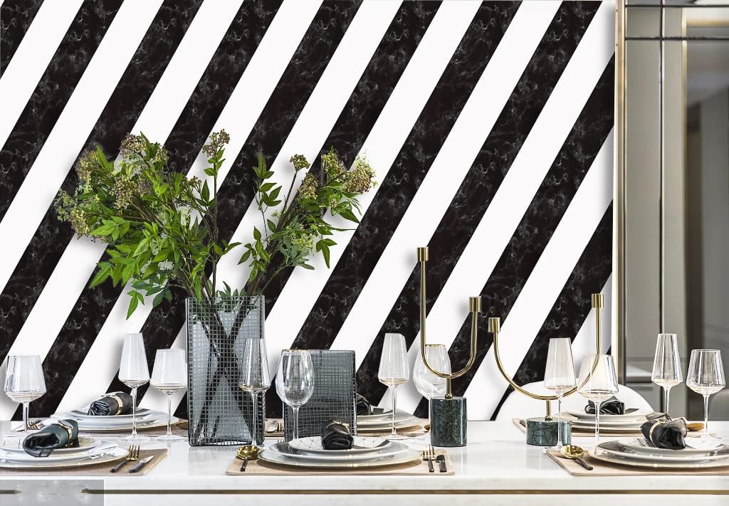 Kitico 16.1" x 197" Marble Black & White Peel and Stick Wallpaper - Waterproof Stripe Contact Paper - Removable Self Adhesive Decorative Wall Covering