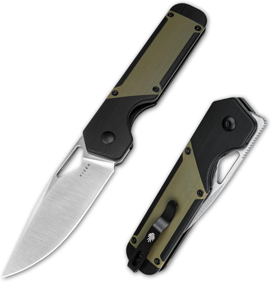 Kizer Militaw EDC Pocket Knife - Nitro V Blade, Black & Green G10 Handle, Front Flipper Opener - Camping & Hunting Gift
