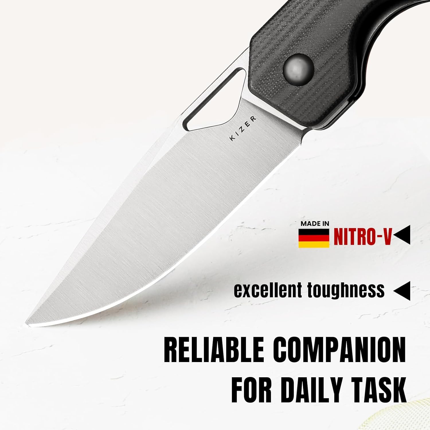 Kizer Militaw EDC Pocket Knife - Nitro V Blade, Black & Green G10 Handle, Front Flipper Opener - Camping & Hunting Gift