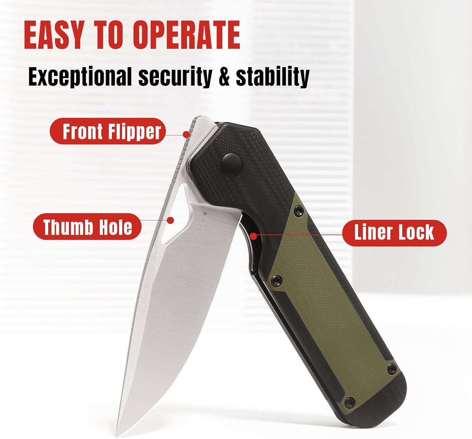 Kizer Militaw EDC Pocket Knife - Nitro V Blade, Black & Green G10 Handle, Front Flipper Opener - Camping & Hunting Gift