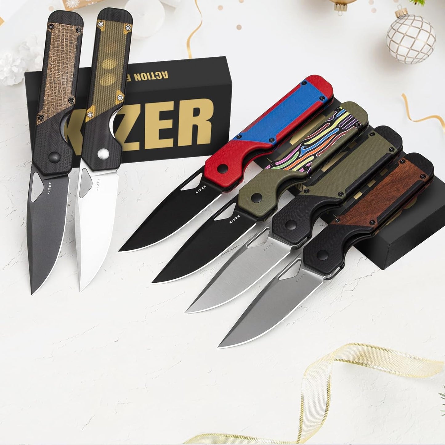Kizer Militaw EDC Pocket Knife - Nitro V Blade, Black & Green G10 Handle, Front Flipper Opener - Camping & Hunting Gift