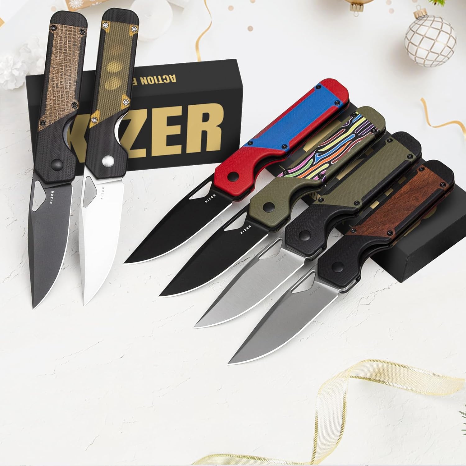 Kizer Militaw EDC Pocket Knife - Nitro V Blade, Black & Green G10 Handle, Front Flipper Opener - Camping & Hunting Gift