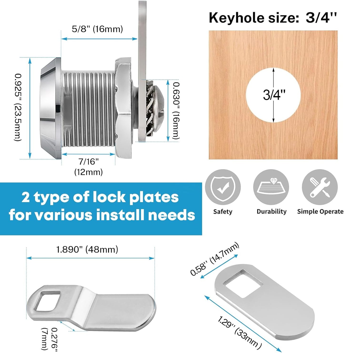 Kohree 5 Pack RV Cabinet Locks with Keys, 5/8 Inch Cam Locks Cylinder Keyed Alike, Chrome-Finish Zinc Alloy for Tool Box, Mailbox, File Compartment