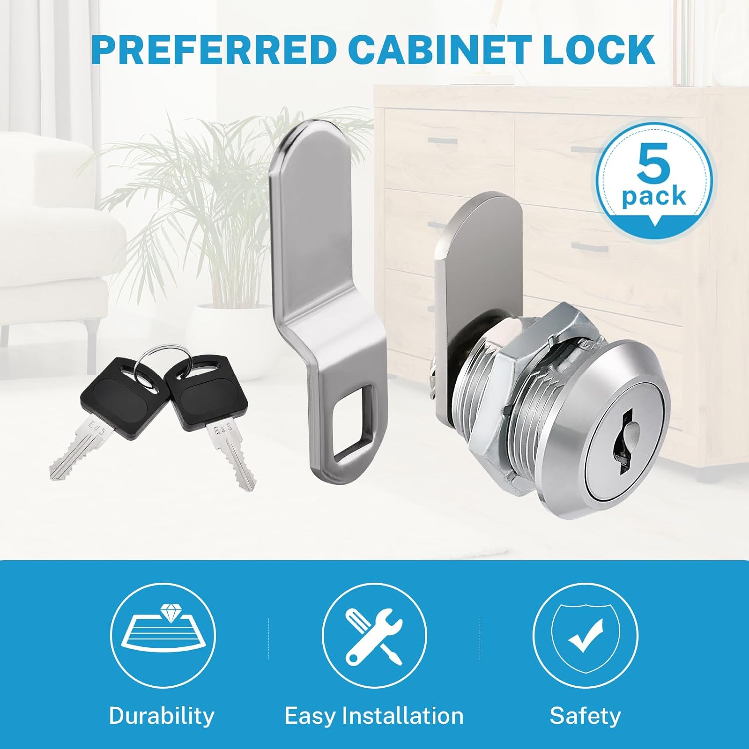 Kohree 5 Pack RV Cabinet Locks with Keys, 5/8 Inch Cam Locks Cylinder Keyed Alike, Chrome-Finish Zinc Alloy for Tool Box, Mailbox, File Compartment