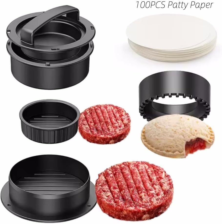 Komost 4-in-1 Non-Stick Hamburger Press Patty Maker with 100PCS Paper - Ultimate Burger Press Tool for Meat, Beef, and Bread