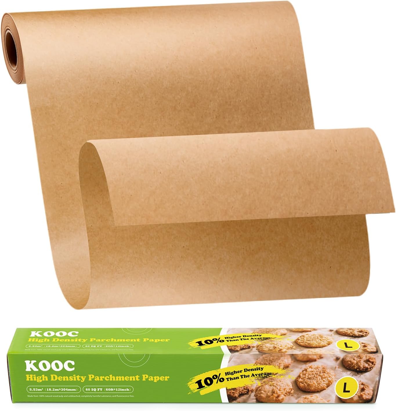 KOOC Premium 60-Foot Parchment Paper Roll - 12-Inch Width, Non-Stick, Unbleached Baking Paper - Ideal for Baking, Cooking, Food Prep - Compostable, High Density - 60 Sq Ft Coverage