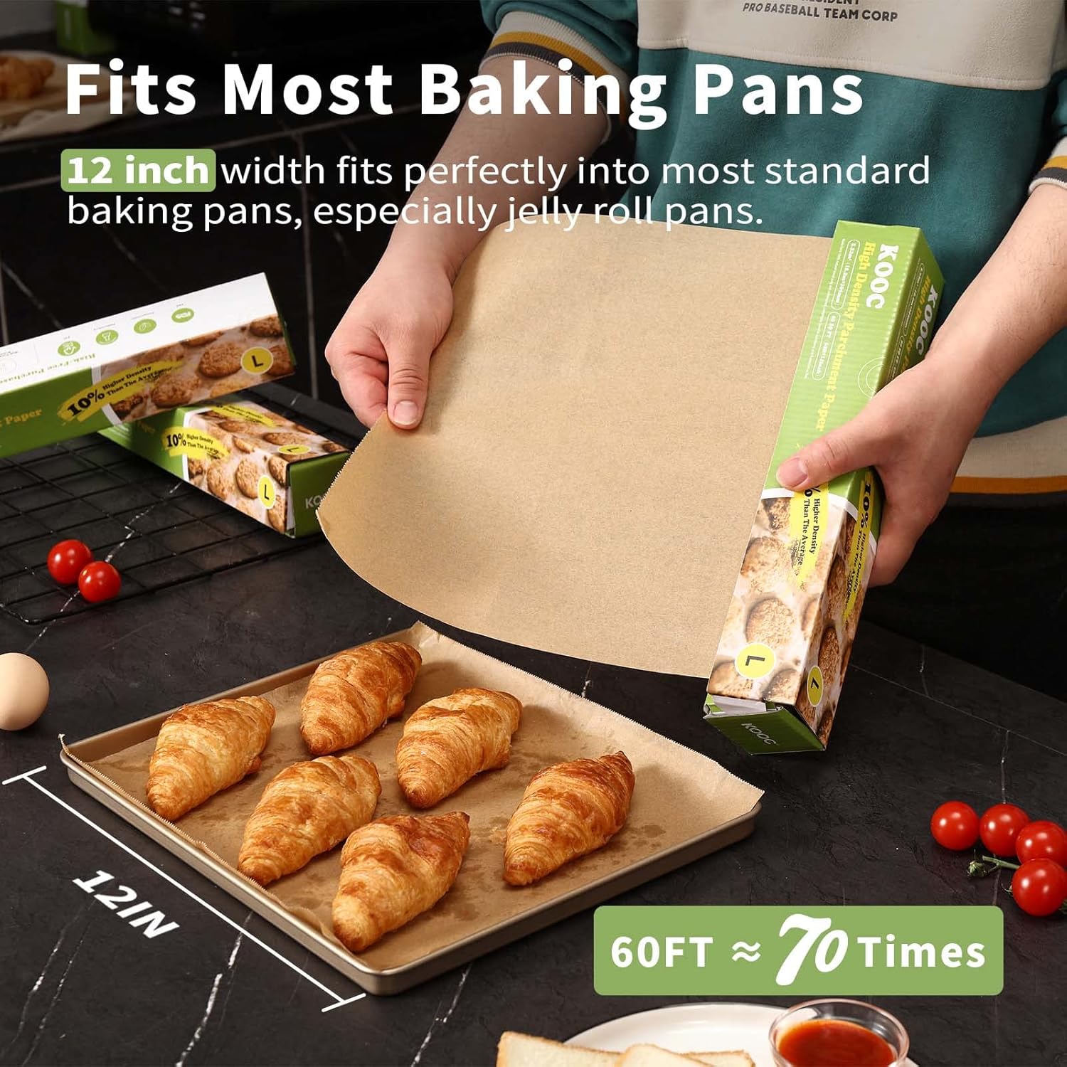 KOOC Premium 60-Foot Parchment Paper Roll - 12-Inch Width, Non-Stick, Unbleached Baking Paper - Ideal for Baking, Cooking, Food Prep - Compostable, High Density - 60 Sq Ft Coverage
