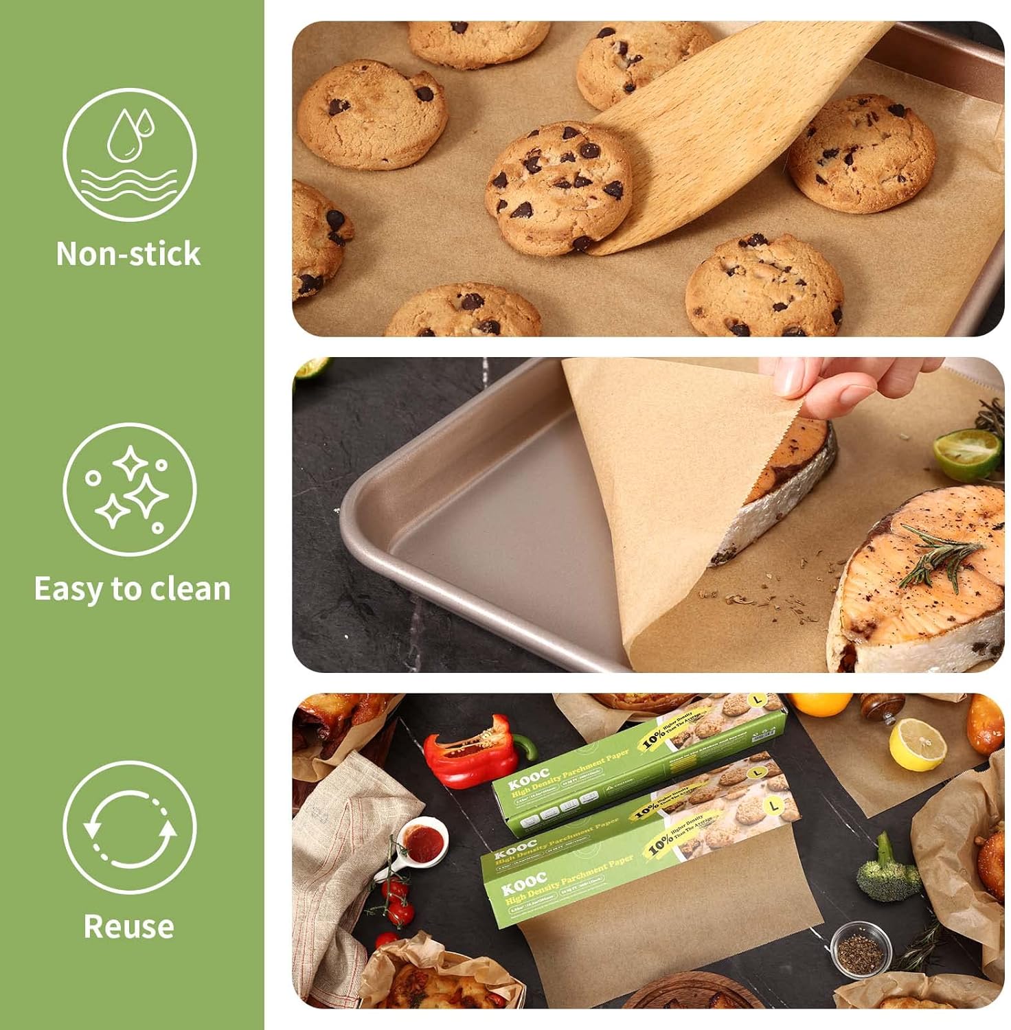 KOOC Premium 60-Foot Parchment Paper Roll - 12-Inch Width, Non-Stick, Unbleached Baking Paper - Ideal for Baking, Cooking, Food Prep - Compostable, High Density - 60 Sq Ft Coverage