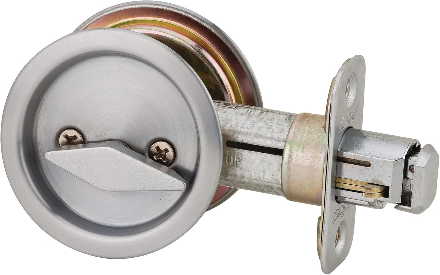Kwikset 335 Round Pocket Door Lock in Satin Chrome - Bed/Bath, 26D - WildKart