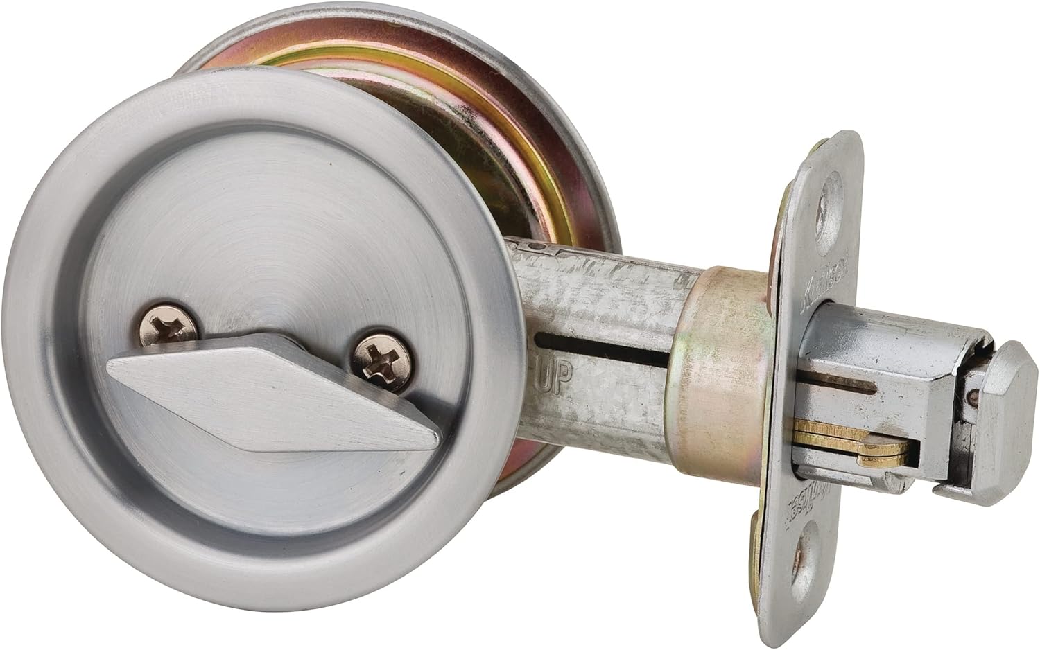 Kwikset 335 Round Pocket Door Lock in Satin Chrome - Bed/Bath, 26D - WildKart