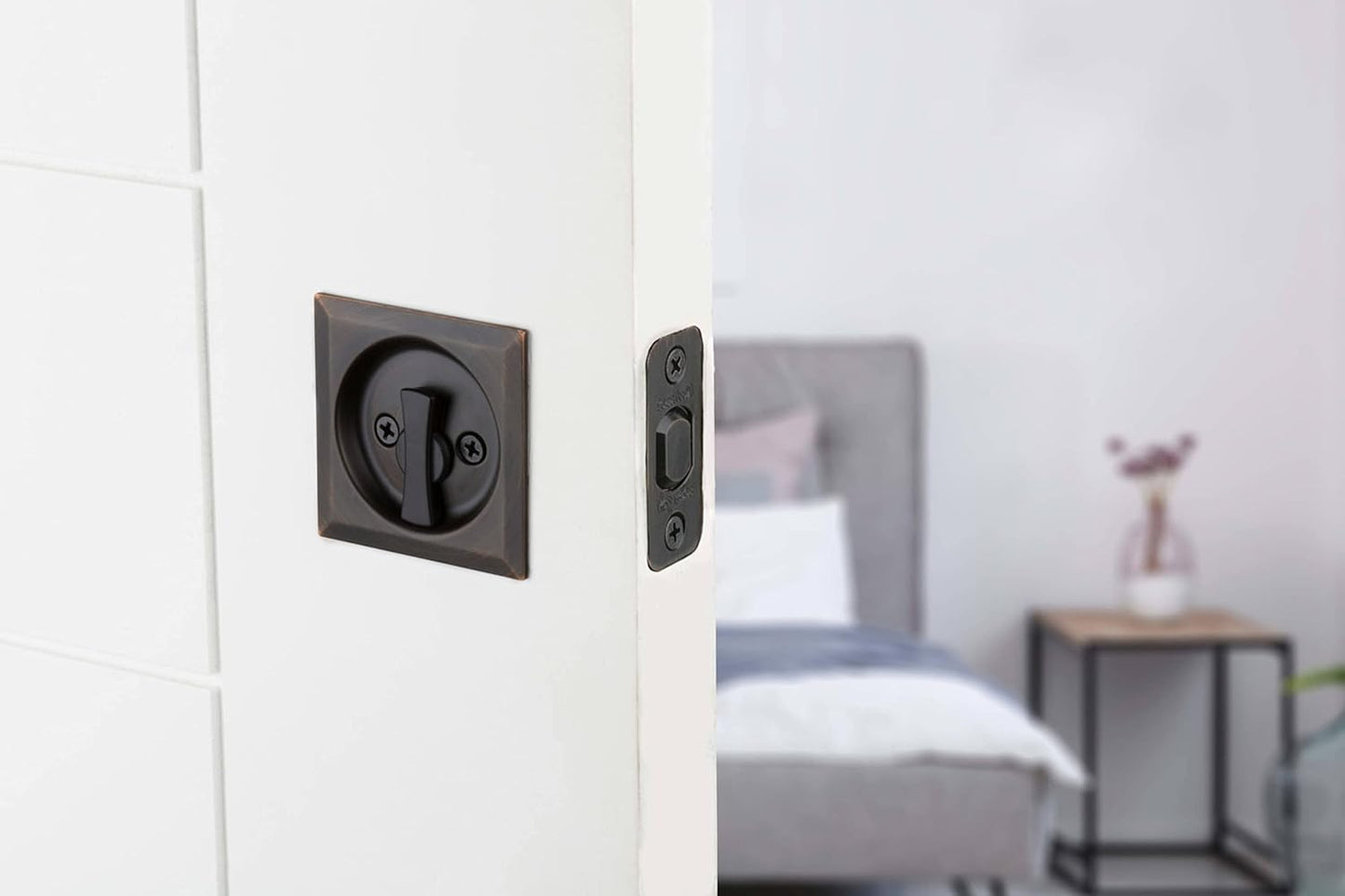 Kwikset 335SQT-514 Square Privacy Pocket Door Lock with Iron Black Finish - WildKart