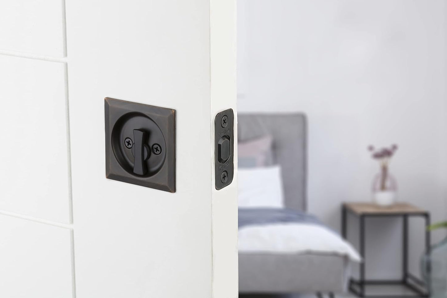Kwikset 335SQT-514 Square Privacy Pocket Door Lock with Iron Black Finish - WildKart