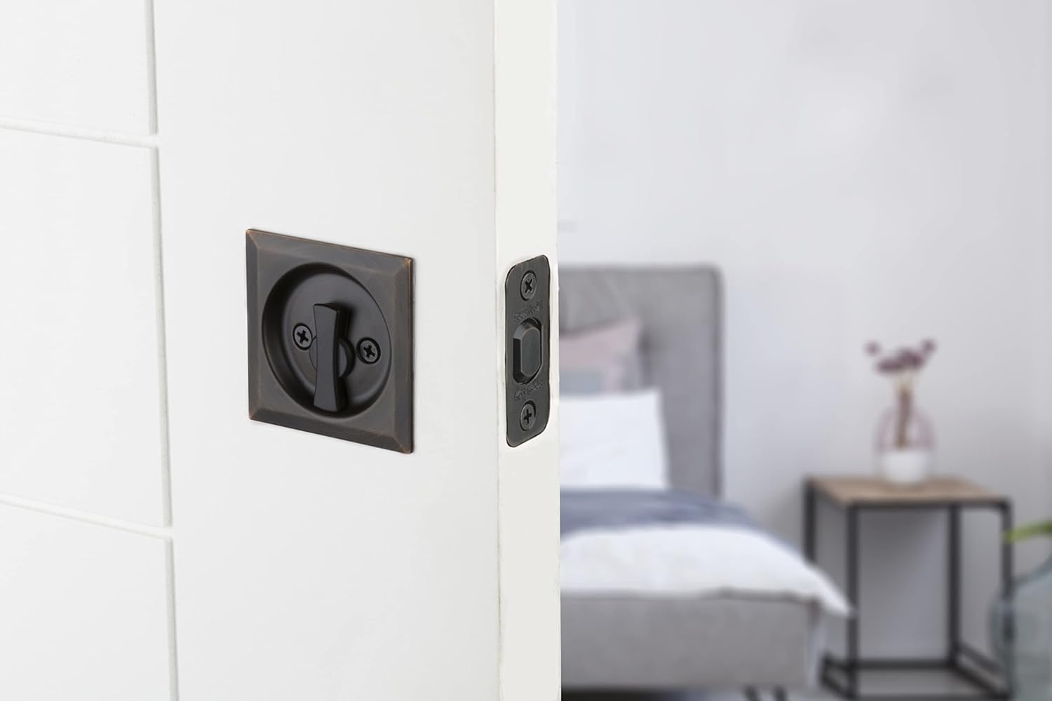 Kwikset 335SQT-514 Square Privacy Pocket Door Lock with Iron Black Finish - WildKart