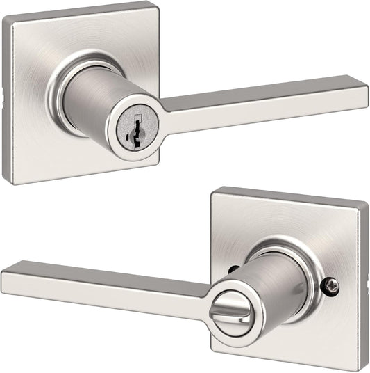 Kwikset Casey Entry Door Handle with Reversible Lever, Satin Nickel Finish, Smartkey Rekey Security, Microban Protection