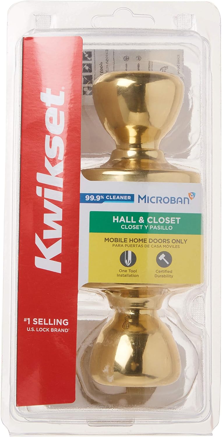 Kwikset Mobile Home Passage Door Knob in Polished Brass - Closet and Hallway Handle, Non-Locking