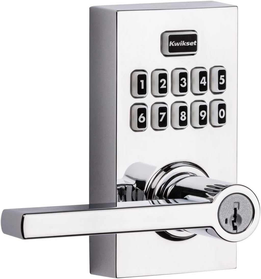 Kwikset SmartCode 917 Keyless Entry Electronic Lever Lock with Halifax Door Handle - Polished Chrome