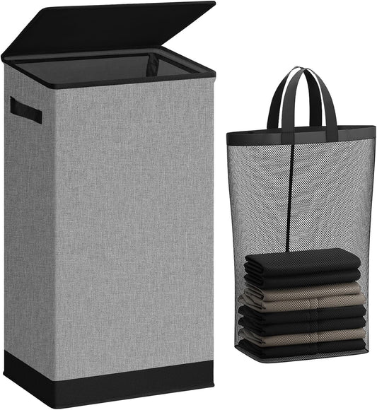 Large 100L Laundry Hamper with Lid and Bag - Collapsible Clothes Basket for Bedroom, Bathroom, Dorm - Easy to Carry and Removable - Dirty Hampers for College - Grey