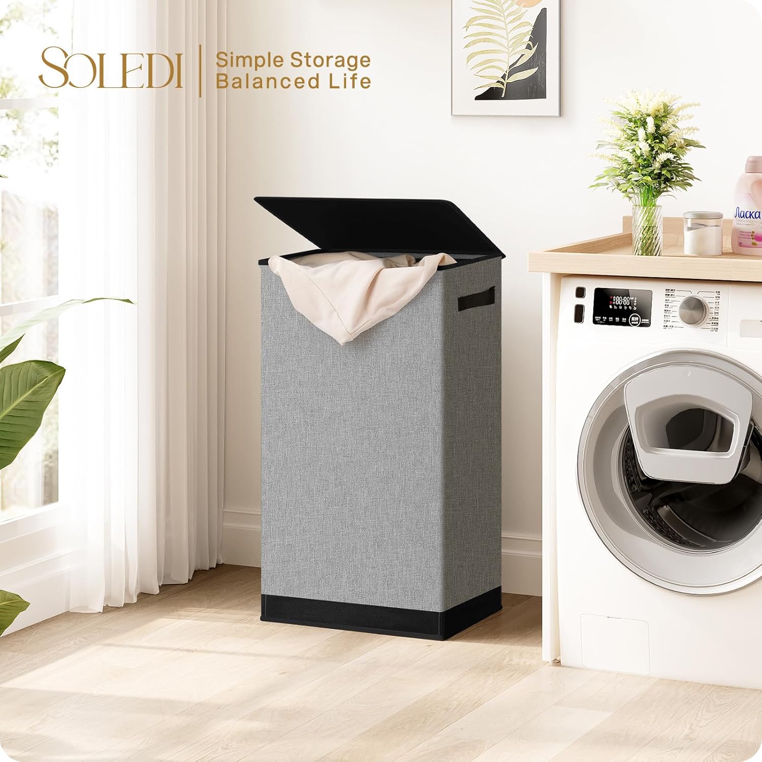 Large 100L Laundry Hamper with Lid and Bag - Collapsible Clothes Basket for Bedroom, Bathroom, Dorm - Easy to Carry and Removable - Dirty Hampers for College - Grey