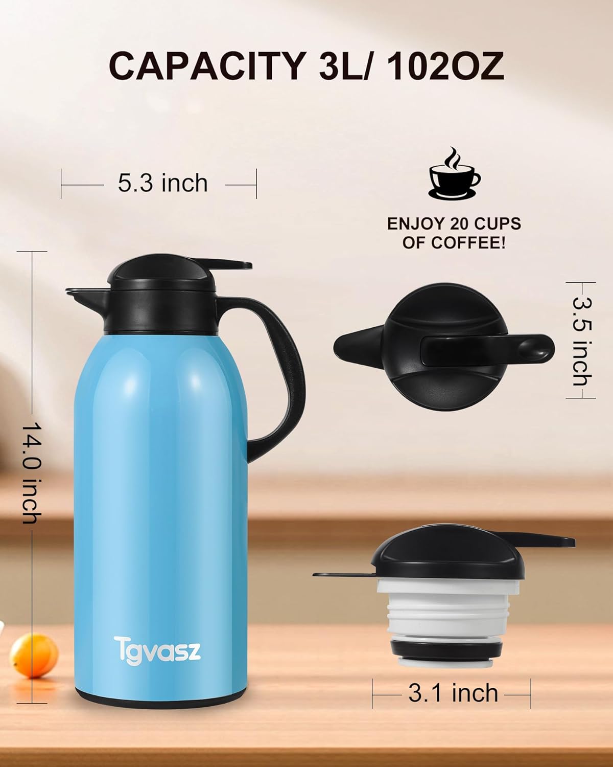 Large 102 oz Thermal Coffee Carafe - Insulated Stainless Steel Flask for Hot Liquids - Keeps Coffee Hot for 24 Hours - Ideal for Parties and Events - Blue Color