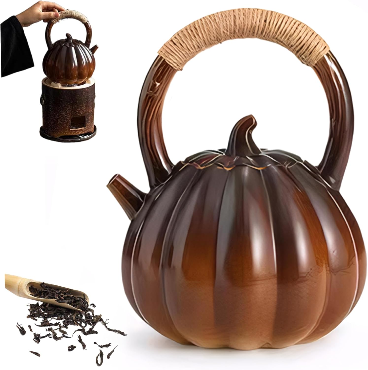 Large 1100ml Ceramic Pumpkin Teapot with Handle & Lid - Whistling Tea Kettle for Stove Top
