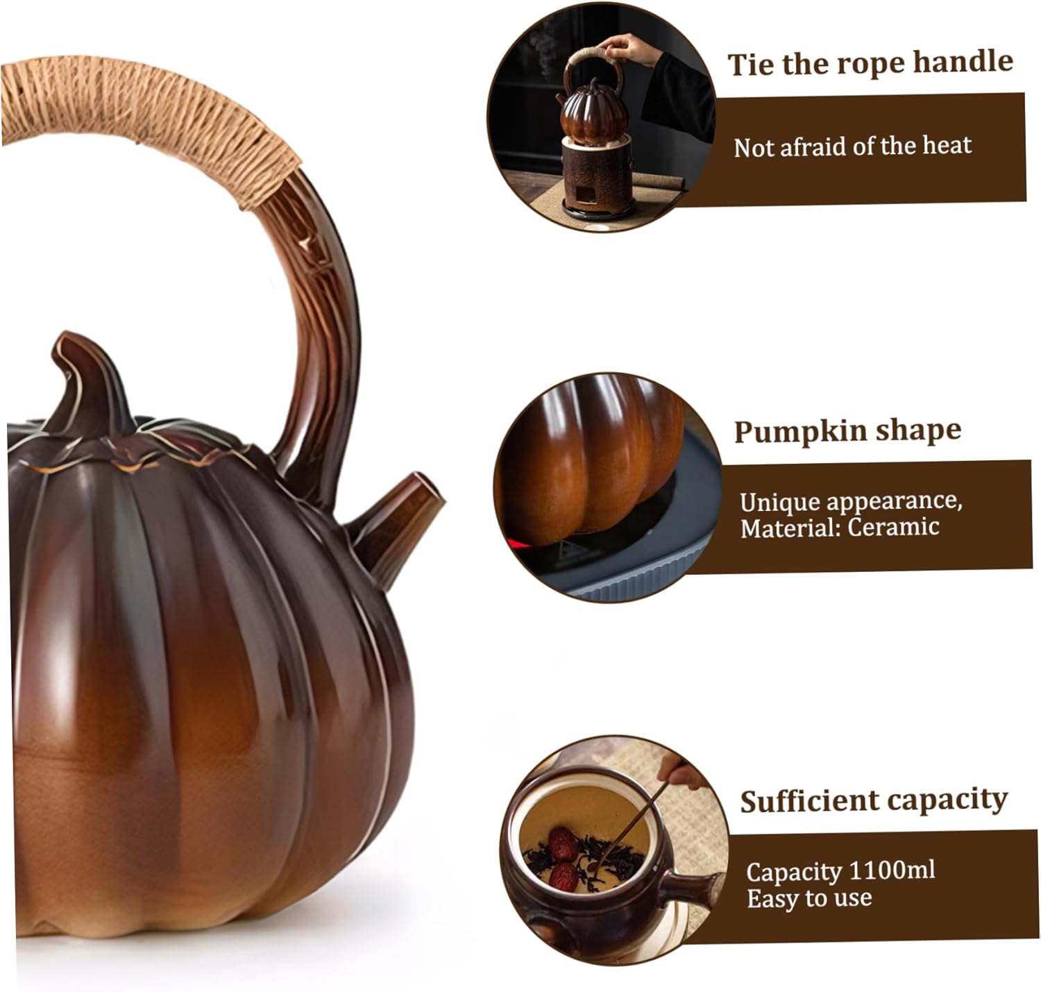 Large 1100ml Ceramic Pumpkin Teapot with Handle & Lid - Whistling Tea Kettle for Stove Top