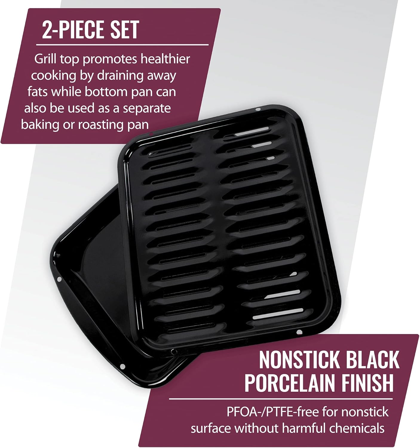 Large 2-Piece Broiler Pan & Grill Set - Porcelain-on-Steel - 16-1/2"x12-3/4"x1-3/4" - Black - Certified Appliance Accessories