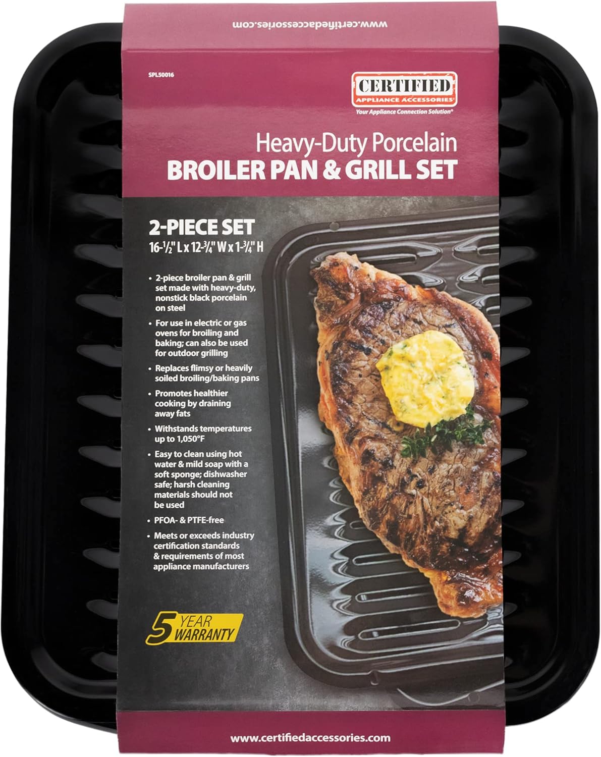 Large 2-Piece Broiler Pan & Grill Set - Porcelain-on-Steel - 16-1/2"x12-3/4"x1-3/4" - Black - Certified Appliance Accessories