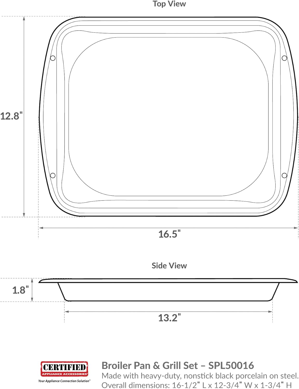 Large 2-Piece Broiler Pan & Grill Set - Porcelain-on-Steel - 16-1/2"x12-3/4"x1-3/4" - Black - Certified Appliance Accessories