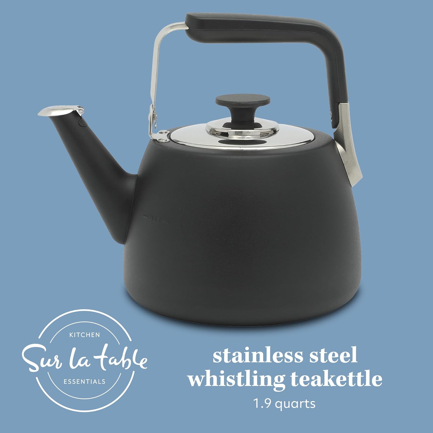 Large 2 QT Heavy Gauge Stainless Steel Whistling Tea Kettle in Matte Black by Sur La Table - Kitchen Essentials